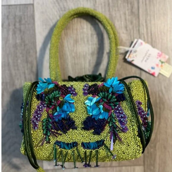 Viral Tik Tok Beaded Handbag Made in India Green Purple Floral NWT - Picture 4 of 6